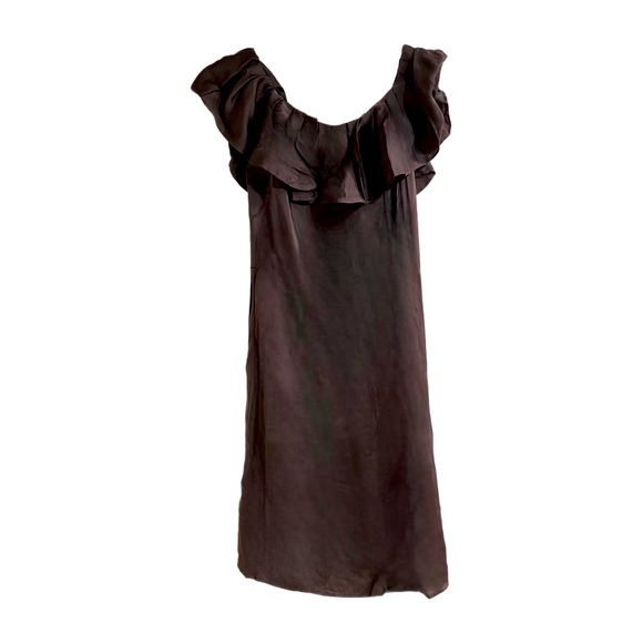 Banana Republic Sz 2 Dark Brown Silk Dress With Ruffled Collar - BEAUTIFUL - Picture 1 of 3